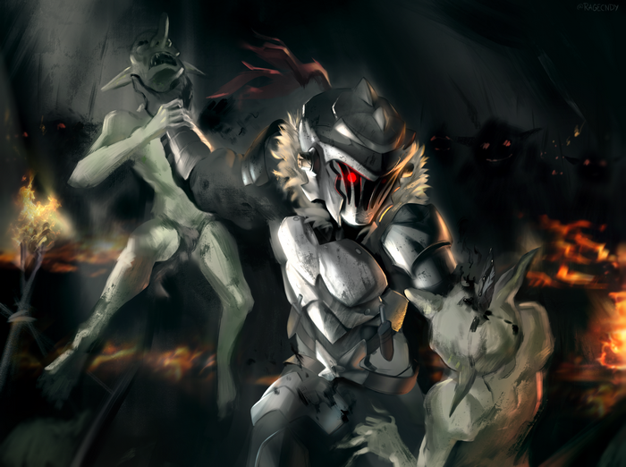 Goblin Slayer fighting goblins in a dark cave