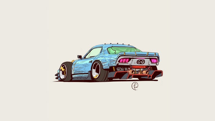 Concept art of a custom blue car by Fernando Correa