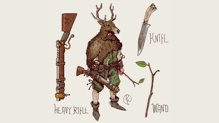 Fantasy character with deer head, rifle, knife, and wand