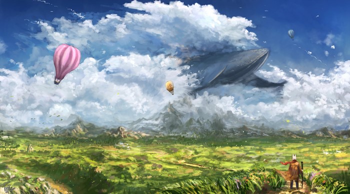Fantasy landscape with whale and hot air balloons
