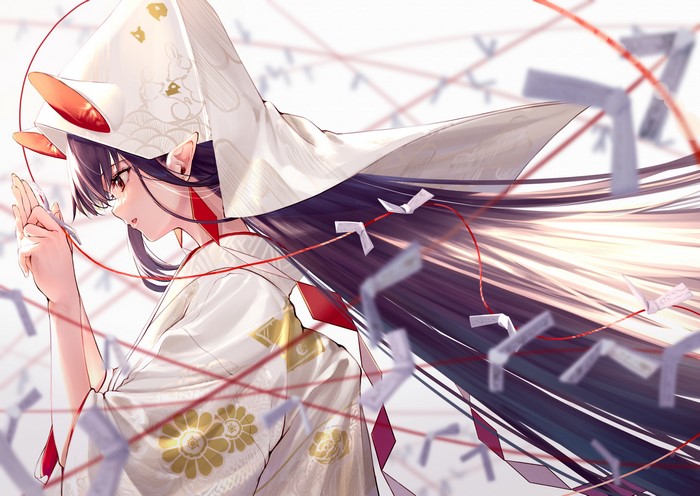 Anime girl in Japanese clothes with purple hair