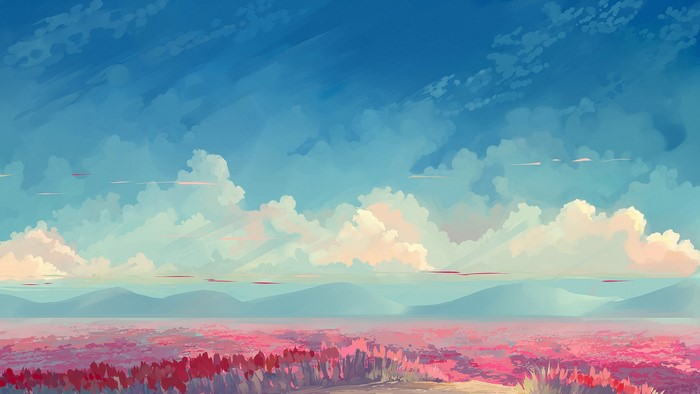 Anime landscape with pink flowers and blue sky