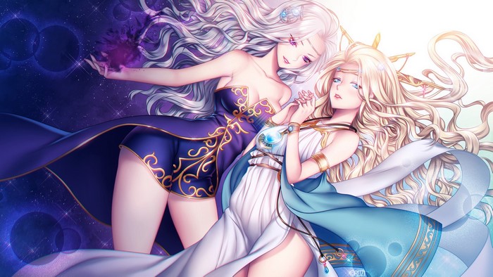 Two anime women, one with dark magic, one with light