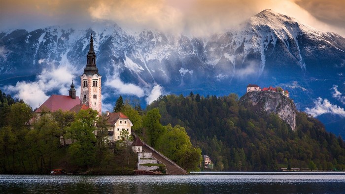 Lake Bled with mountains and church in Slovenia