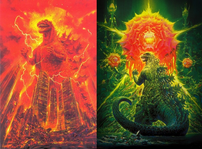 Godzilla in fiery city and green alien landscape