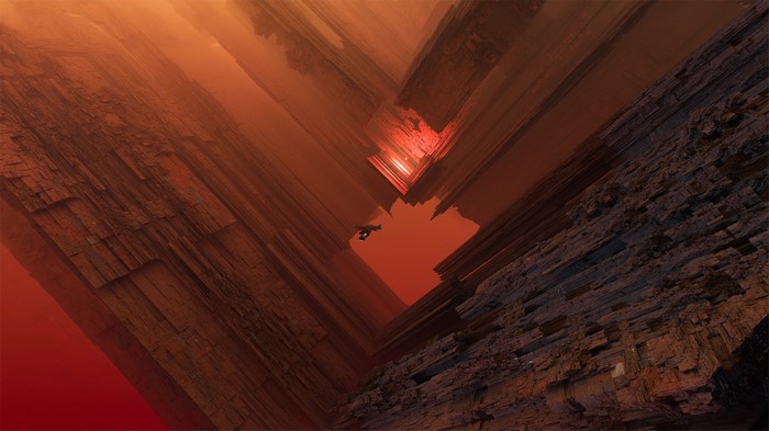 Spaceship flying through a red fractal canyon by Jacek Pilarski