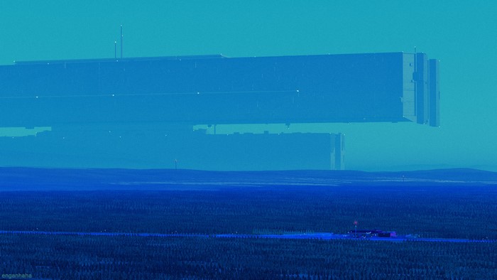 Futuristic structures over a dark forest landscape