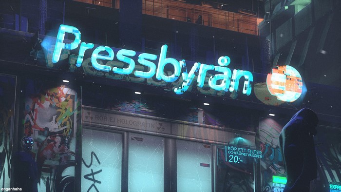 Pressbyrån neon sign in futuristic city