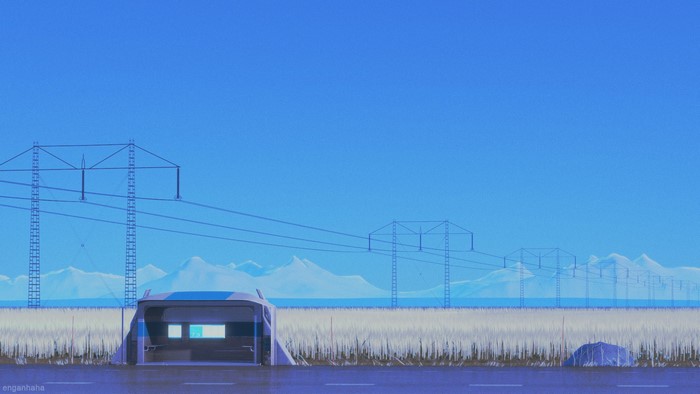 Bus stop with power lines and mountains