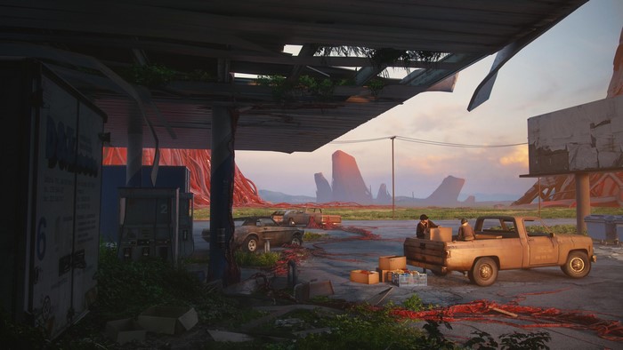 Apocalyptic gas station with overgrown vegetation and vehicles