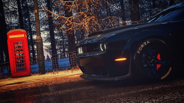 Dodge Demon in Forza Horizon 4 with red phone booth