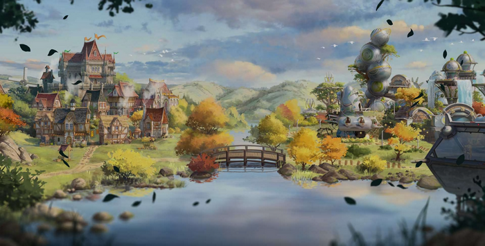 Forge of Empires autumn landscape with village and futuristic buildings