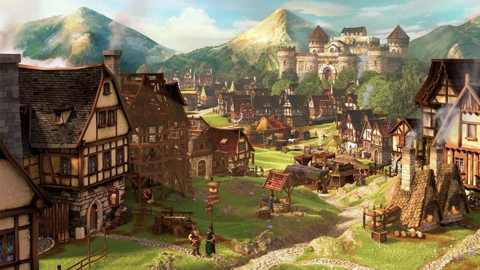 Fantasy village with castle and mountains