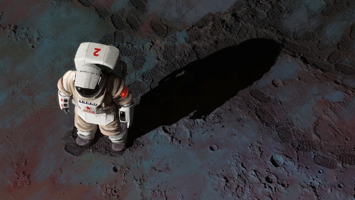 Astronaut in USSR spacesuit on lunar surface