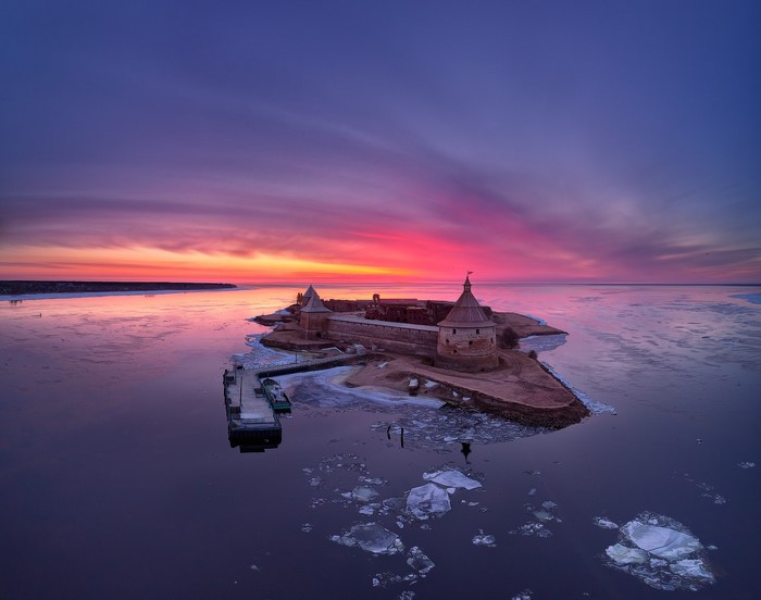 Oreshek Fortress on an island during a winter sunset