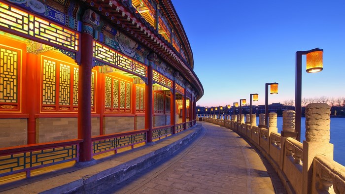 Beihai Park, Beijing, China, Traditional Asian Architecture at Dusk