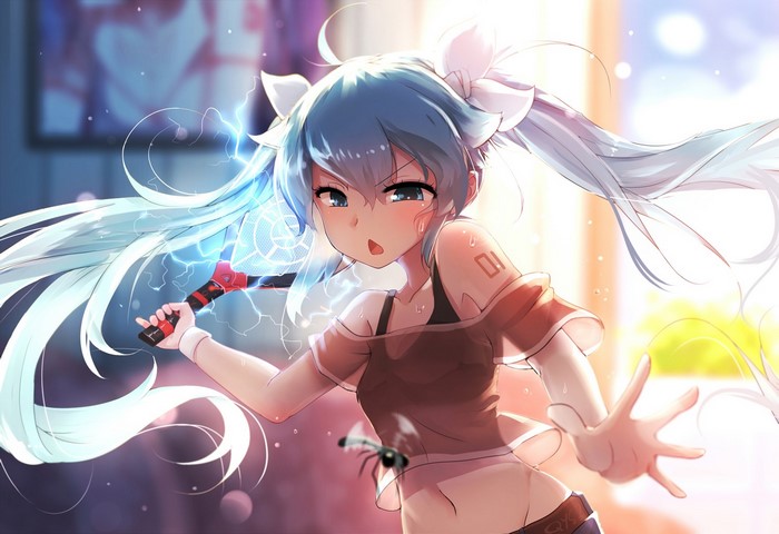 Hatsune Miku with a tennis racket and lightning