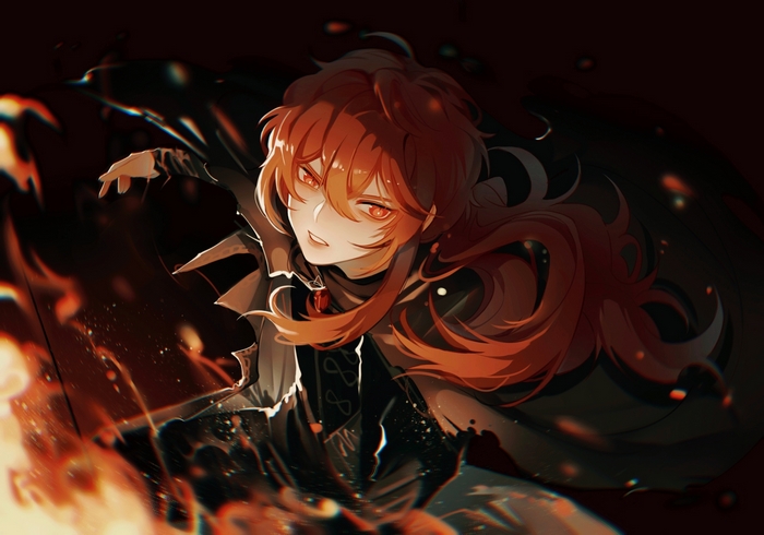 Diluc from Genshin Impact surrounded by fire