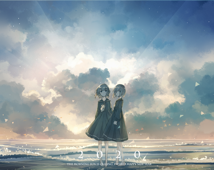 Anime girls on a beach at sunrise with 2020 text