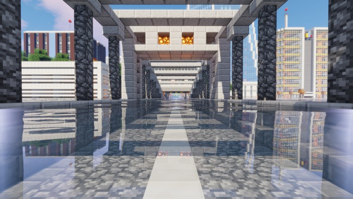 Minecraft city with reflective water and shaders