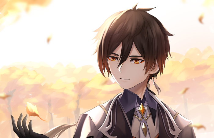 Zhongli from Genshin Impact with falling leaves