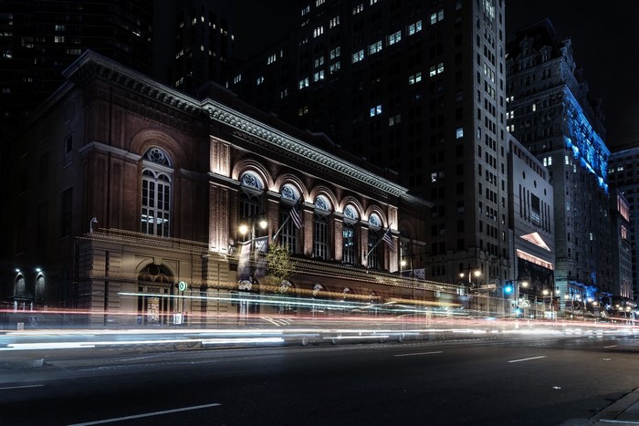 Philadelphia street at night with light trails