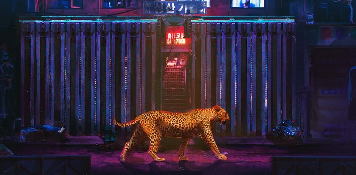 Leopard walking in a neon-lit city alley at night