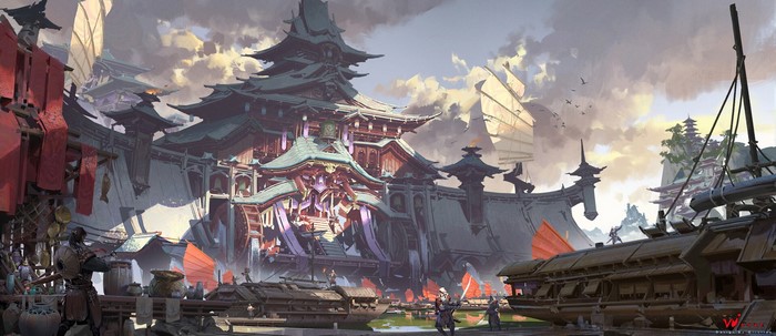 Fantasy Asian Port City with Pagoda Architecture and Ships