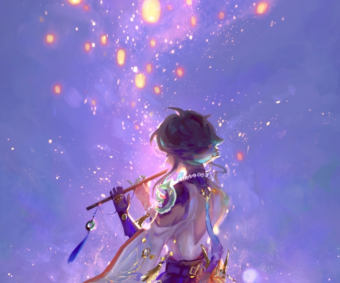 Xiao playing flute with lanterns in the sky