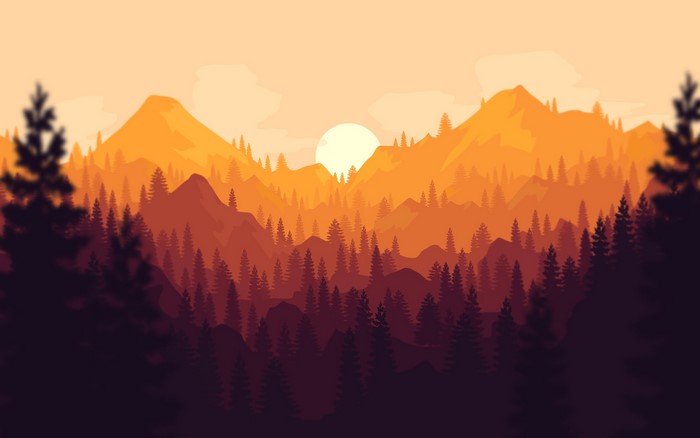 Artwork of a forest at sunset with mountains