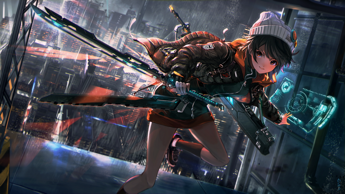 Anime girl with swords in cyberpunk city