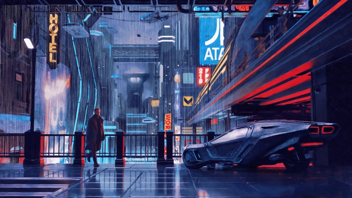 4K Blade Runner 2049 cyberpunk car and man