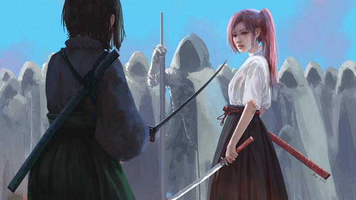 Anime girls with katanas facing hooded figures