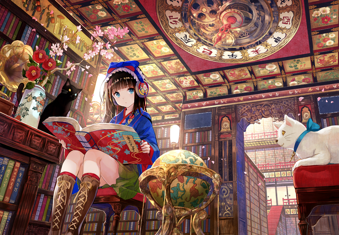 Anime girl reading in a library with cats