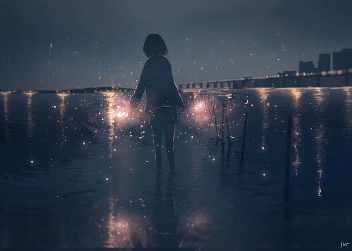 Anime girl with sparklers by the water at night