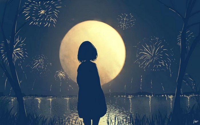 Silhouette of a girl watching fireworks under the moon