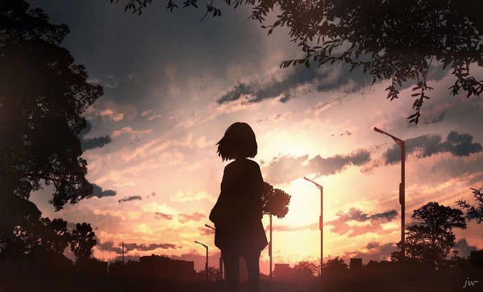 Anime girl with flowers at sunset
