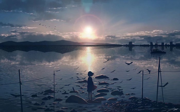 Anime girl silhouette by the water at sunset