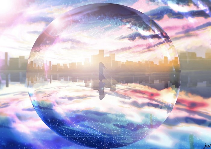 Anime girl in a bubble overlooking a city