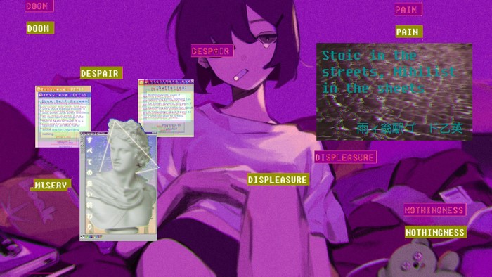 Anime girl with vaporwave aesthetic and philosophical text