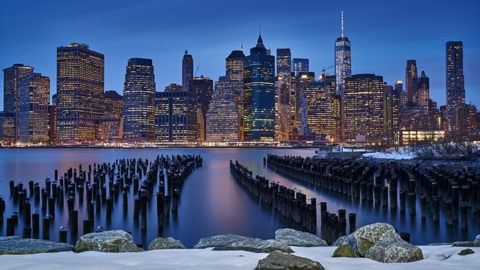4K New York City skyline at night in winter