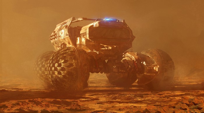 Dusty Mars rover with large spherical wheels