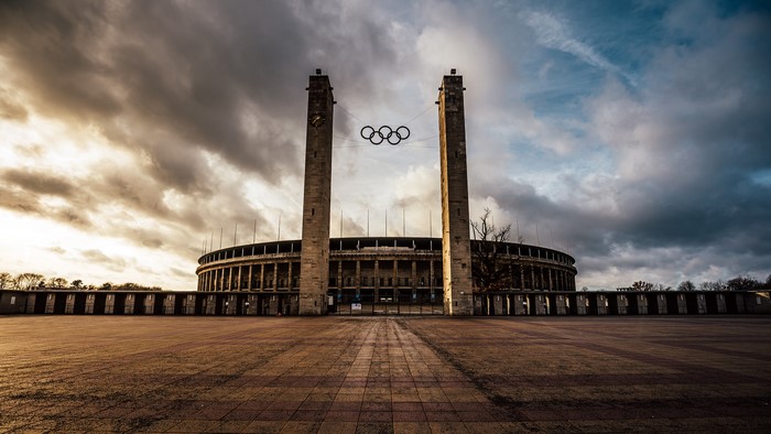 Olympics stadium in Germany with Olympic rings