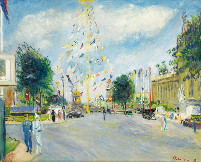 Paris street scene with flags and buildings by Lucien Adrion