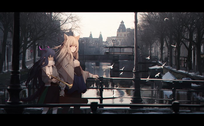 Anime girls with animal ears and horns by a canal