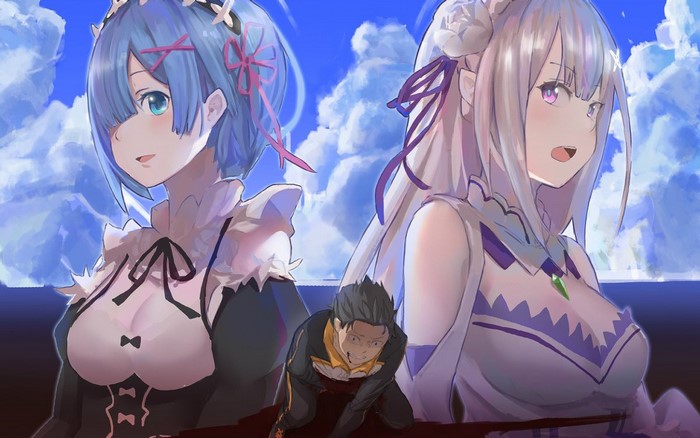 Rem and Emilia from Re:Zero with Subaru