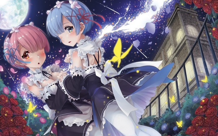 Rem and Ram from Re:Zero in a garden at night