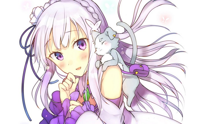 Emilia from Re:Zero with a cat