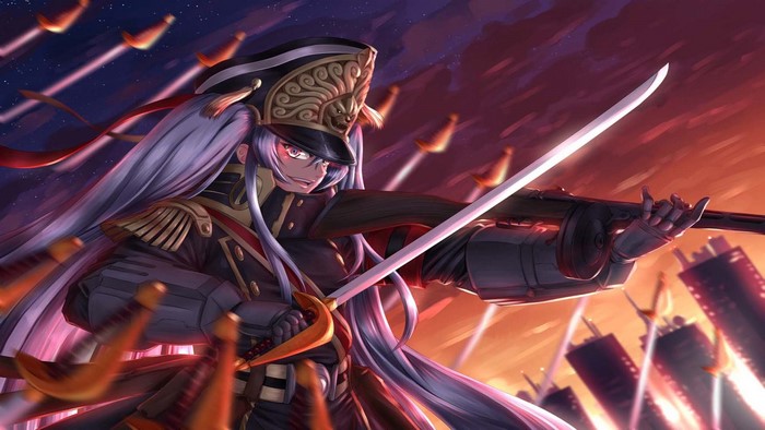 Altair from Re:CREATORS holding a sword and gun