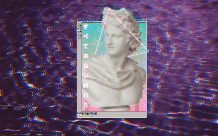 Vaporwave glitch art statue with Japanese text